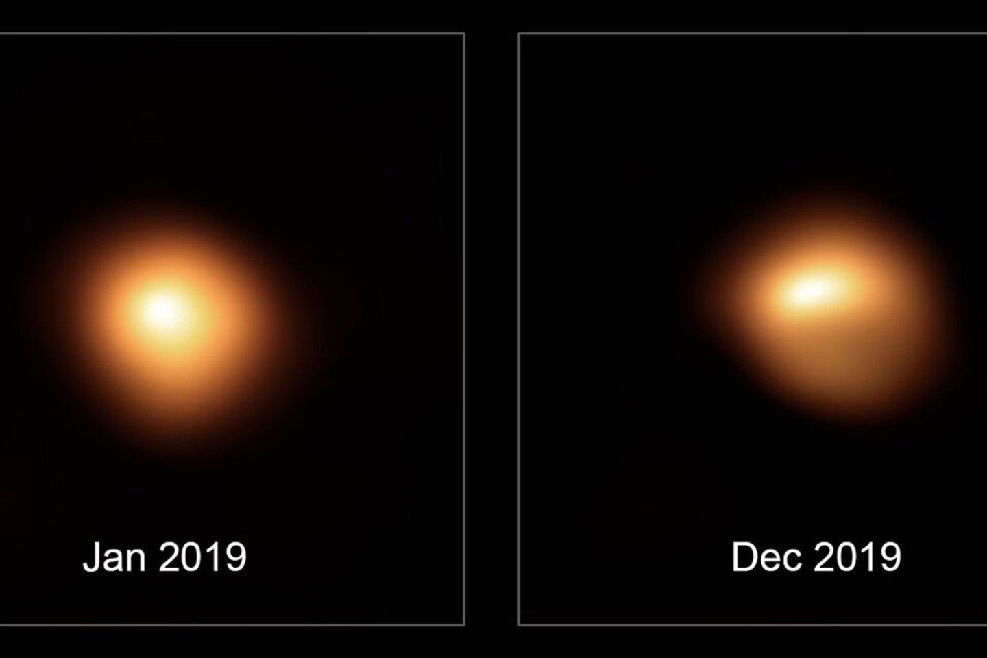 Die beiden Bilder, die mit dem Very Large Telescope der Europäischen Südsternwarte aufgenommen wurden, zeigen, wie die Oberfläche des Sterns Anfang und Ende 2019 aussah.